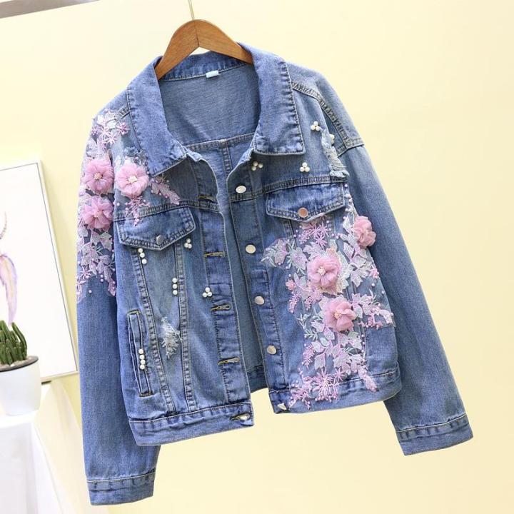 Hot 2025 Autumn Women Denim Jacket Embroidery Three-Dimensional Floral  Jeans Jacket Beading Pearl Ripped Hole Bomber Outerwear P778