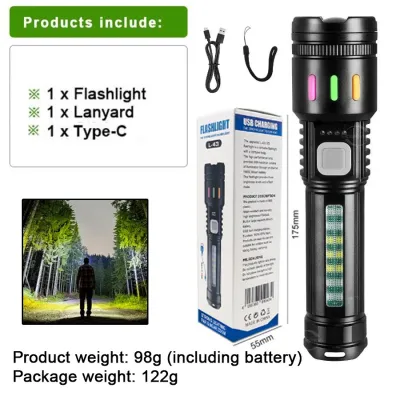 L43 Strong Light Flashlight USB Charging Telescopic Torch Power Display Zoomable Flashlight 5Gears for Camping Hiking