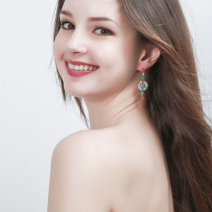 SEQUITO 18K White Gold Plated Stylish Round Drop Jewelry Multi Cut Pink Blue Yellow Cubic Zirconia Diamond Long Earrings with 925 Silver Pins for Ladies SE083