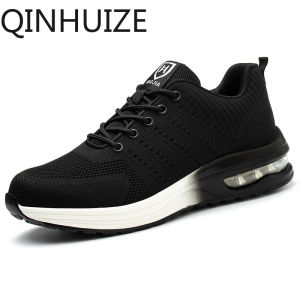 QINHUIZE Labor insurance shoes women steel toe anti-smashing and anti-stab safety shoes flying woven breathable work shoes