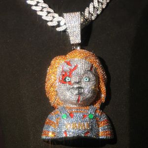 CZ Covered with Diamonds Iced Out Cartoon Character Pendant Fully Paved Cubic Zirconia Cuban Chain Hip Hop Religious Necklace Accessories 18K Gold Plated Bling Horror Orange Hair Doll Charm Luxury Rapper Streetwear Fine Jewelry Gifts for Men Boy Friends