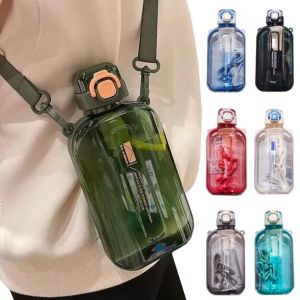 SJJL 1Pcs 750ml Flat Square Water Bottle Elegant Design Adjustable Strap Portable Travel Canteen Cross Body Style Transparent Sports Bottle Sport Camping Use