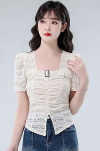 แฟชั่นเสื้อลูกไม้แขนสั้นผู้หญิง 2025 ใหม่อารมณ์ระดับไฮเอนด์ลูกไม้กลวงแขนสั้นระดับไฮเอนด์ความรู้สึกบางเฉียบทุกการแข่งขันลดอายุชายเสื้อแยกด้านบน