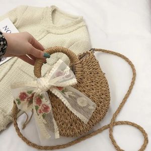 Yogodlns New Straw Bag Women Hand-Woven Handbag Moon Shape Rattan Bag Big Capacity Drawstring Casual Travel Beach Shoulder Bag