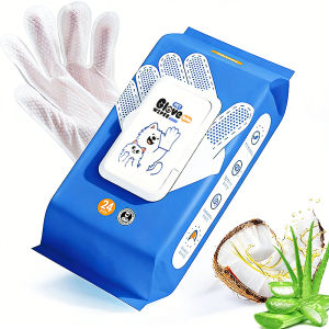 24 pcs Pet Glove Wipes Illustration Coconut and Aloe Vera Ingredients Pet Dog Cat Cleaning Bath Gloves Wet Wipes For Cat Dog Pet Grooming Cleaning Washing Wet Tissues