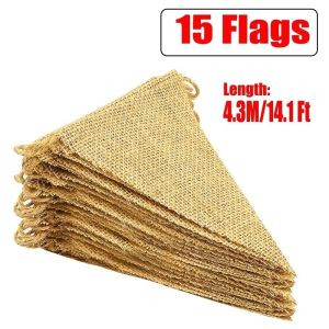 YUDESHUI Chiều dài 43M Cờ hiệu bằng vải bố Hình tam giác 15 gói Cờ trang trí tự làm trơn Mộc mạc Vật liệu Hessian Dây cờ tam giác Đám cưới phương Tây