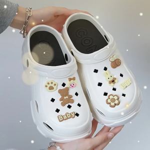 [Free Shipping] Rabbit and Bear Pattern High-Heeled Clogs for Women Wearable Outdoor Casual Cartoon Fashion Summer Breathable Non-Slip Closed-Toe Sandals for Men