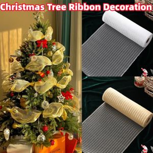 26cm 10Yards Gold White Christmas Tree Decorations DIY Christmas Flower Wreath Ribbon Wedding Christmas Mesh Hanging Ribbons