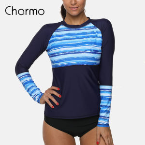 Charmo Women Long Sleeve Rashguard Top S-2XL Swimwear Retro Floral Print Surfing Top Running Shirt Striped Rash Guards UPF50+ Swimsuit