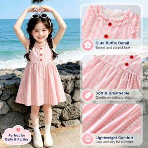 AILEBE Kids Dresses Short Sleeve Ruffled Summer Dress Soft Lightweight Fabric Cute Stripes Cherry Prints Loose Comfy Round Neck OOTD Pambahay For Baby Girls 0-10 Years Perfect For Daily Parties Playtime