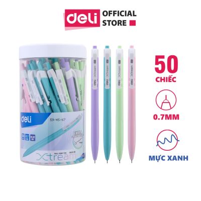 Hộp 50 chiếc Bút bi xanh màu pastel Deli ngòi 0.7mm, bút bi nước bút gel mực xanh dạng bấm viết nét đều trơn tru - EQ03330/EQ03336 l2