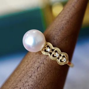 Montagne Jewelry 18K Pure Gold Ring Natural Diamond Inset Lace Design Fine Jewellery Natural Top Grade 8.5-9mm Akoya Pearl Ring