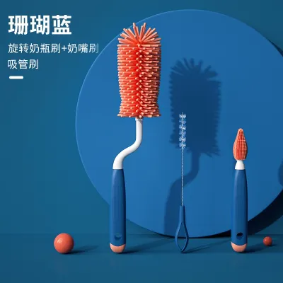 3 in 1 Set Soft Silicone Milk Bottle Brush Rotating Handle Baby Milk Bottle Brush