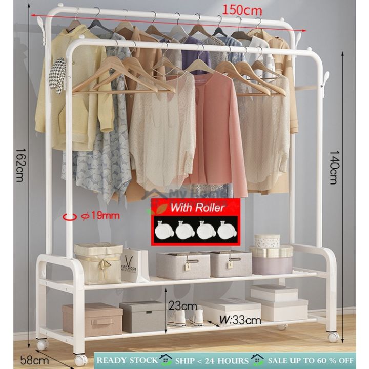 Double Rails Clothes Rack with Rollers, Double Layers Storage/Rak Baju
