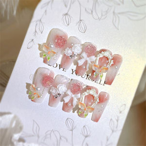 FenHuan เล็บปลอมแบบสวม ใหม่สวมใส่แผ่นเล็บแสงและเงาดอกไม้แผ่นเล็บนางฟ้าแฟชั่นอาวุโสอ่อนโยนเจ้าสาวเล็บปลอมแพทช์ (กาววุ้นกาวทรายแถบทำความสะอาดแผ่นเล็บ Remover)