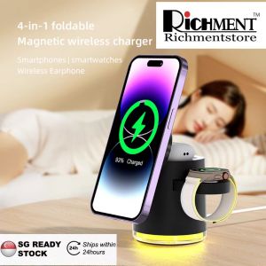 【✅SG Local Seller RICHMENT】4 in 1 Foldable Maginetic Wireless Charger for Samsung Galaxy Smart Phone and Galaxy Watch Mag-Safe Charging Station Multiple Devices Foldable Travel Charging Stand Dock for Apple Watch & iPhone 15 14 13 12 Pro Max Plus & Airpod