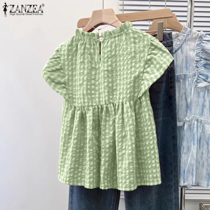 ZANZEA%20Women%20Summer%20Casual%20Crew%20Neck%20Blouses%20Cap%20Sleeve%20Plaid%20Printed%20Girlish%20Thin%20Top%20#0428%20-%20Image%206