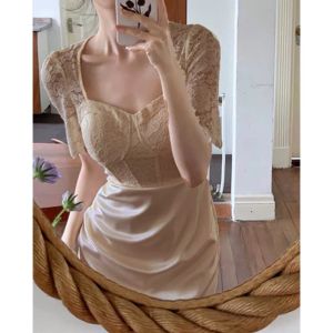 D11747 Vintage Collar Lace Top Mix Silky Dress