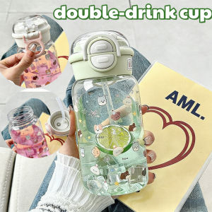 Kids Straw Cup Water Bottle Double Drink Portable Leakproof School Cartoon Animal Party