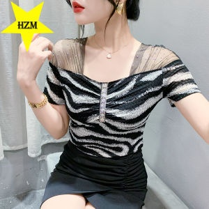 HZM Summer Korean version of the new slim-fitting and thin design T-shirt 2023 trendy round neck nail diamond back short-sleeved top