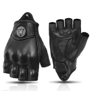 Summer Black Retro Leather Motorcycle Gloves Men Women Breathable Motocross Riding Gloves Hard Shell Protective Anti-fall Motorbike Half Finger Gloves Non-slip Dirt Bike Gloves