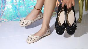 2026 New French Style Bow Flat Sandals Women Geometric Cut-Out Peep-Toe Breathable Summer Beige Shoes for Dresses