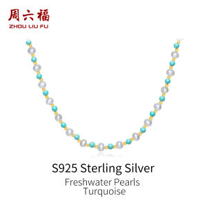 ZHOU LIU FU 周六福 S925 Sterling Silver Necklace with Natural Freshwater Pearls Necklace turquoise Fashionable Jewelry Gift for Women 40+5cm X0514851