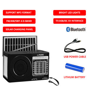 NSS Rechargeable Solar 8 Bands Radio Bluetooth Speaker Am Fm SW 1-6 Two Way Radio Mp3 Music Player  with Battery And USB/Tf Reader and LED Light Flashlight Phone Charger 1200mAh NS-718