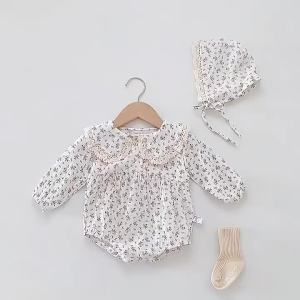 Childrens Clothing Spring and Autumn Korean Style Baby Girl Floral Romper Infant Lace Trim Doll Collar Jumpsuit with Hat
