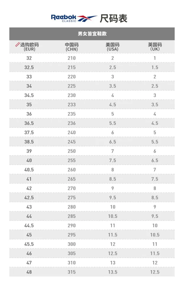 Reebok size chart deals women's shoes