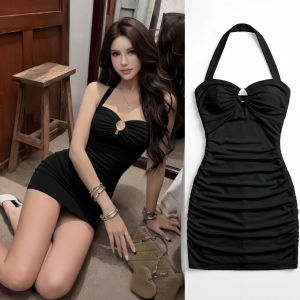 Đầm nữ sang trọng - Thiết kế ôm body dáng ngắn cổ yếm ngực đính khoen tròn quyến rũ
