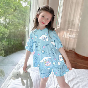 Christmas gifts Halloween 2Pcs Kuromi Summer Girls Anime Kawaii Pajamas Sanrio Cinnamoroll Cartoon Fashion Casual Short Sleeved Shorts Home Clothing Set