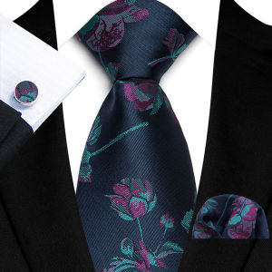 Luxury Navy Royal Blue Mens Tie Hanky Cufflinks Set Jacquard Woven 8cm Necktie for Male Wedding Business Party Accessories Gift