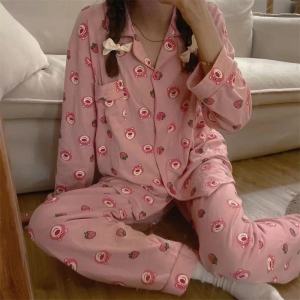 INTIMA Korean Pajamas for Women Long Sleeves Cardigan Trousers Leisure Cute Cartoon Printed Sleepwear Loungewear Home Clothes Set