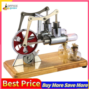 Stirling Engine Kit Hot Air Motor Model Physical Dual Engine Generator Model with L-E-D Light Flywheel Design Science Experiment Wooden Base DIY Education Toy for Teacher Adults Kids School Office Decor