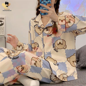 DS ชุดนอนผู้หญิง ชุดนอนไหมอิตาลีบิ๊กไซส์ แขนสั้นขายาว ลายการ์ตูน่ารักๆ ผ้าบางเบาใส่สบาย Womens pajamas M-XXL