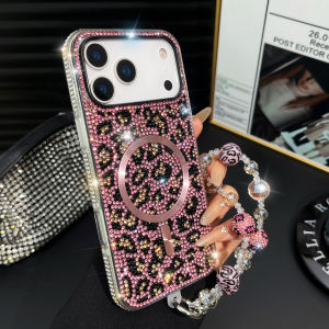 Glitter Wireless Charging Magnetic Case for iPhone 17 Pro Max 16 15 14 Leopard Pattern Bling Hard Phone Cover Funda Lanyard
