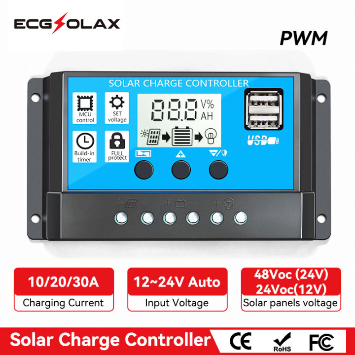 ECGSOLAX 10A 20A 30A PWM Solar Charge Controller 12V/24V Bat Regulator ...