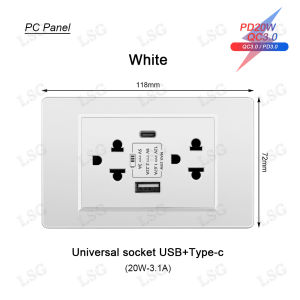 LSG Wall Socket Outlet with USB and type-c Fast Charging 20W 3.1A Household PC Panel 118 Type Duplex 3 Pin Power Universal Outlet 15A