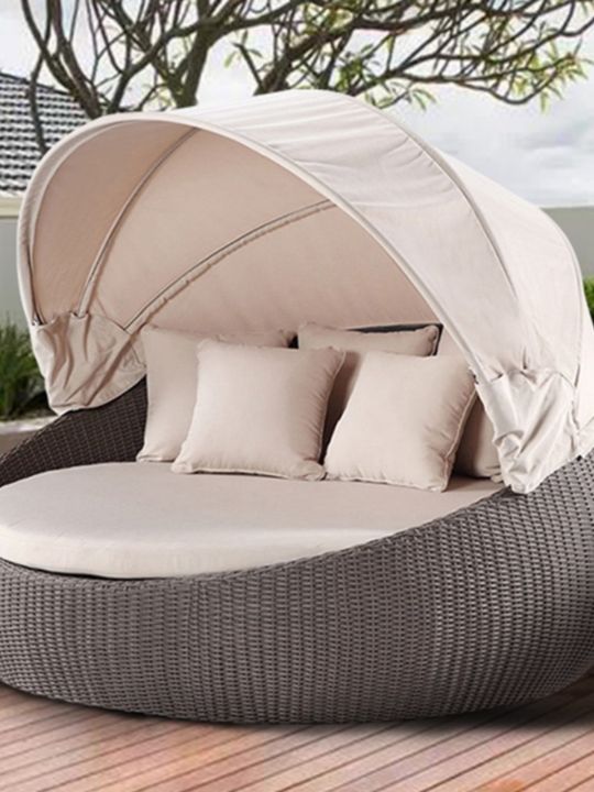 Outdoor rattan bed balcony round bed courtyard lazy sofa bed covered