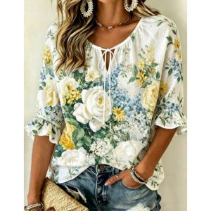 Floral T-shirt For Womens Three-quarter bell sleeve top v neck shirt for women Women’s cotton and linen top vacation wear