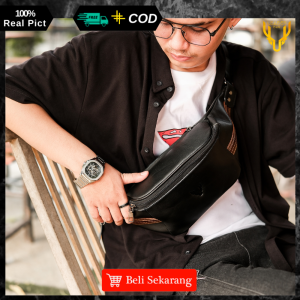 Tas Selempang Pria Kulit Sapi Leaderbag Terbaru Warna Hitam Waterproof Waistbag Tas Pinggang Cowok Keren Branded Multifungsi Slingbag RIYUMA