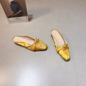 Chinese Style Embroidery Square Toe Slip-Ons Mules Women Low Heeled Mary Jane Sandals Block Heel Match Cheongsam