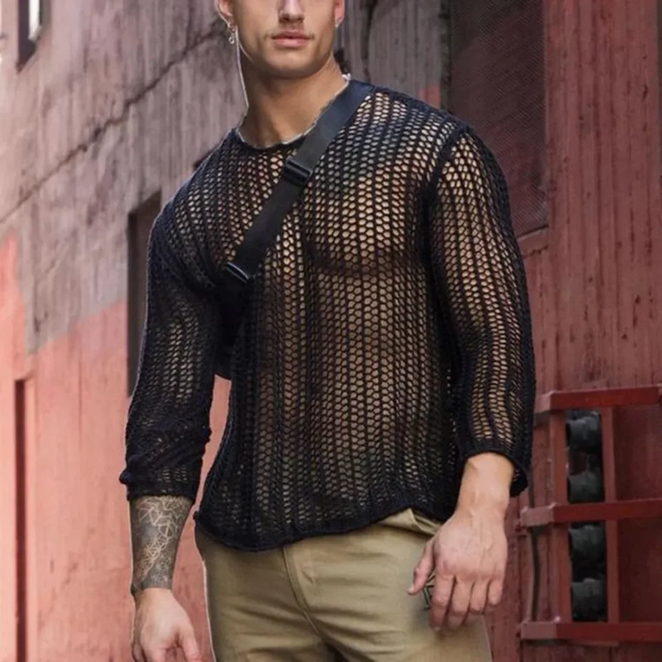 Ready】Men Mesh Top See Through Long Sleeves Round Neck Hollow-out Sexy Dress  Up Polyester Men Bottoming Shirt Knitted Mesh Top Clothing for Male |  Lazada PH