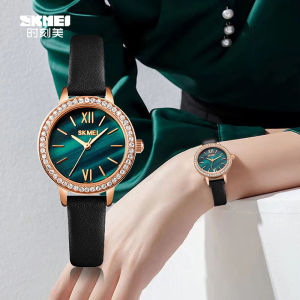 【ลดราคาล้างสต๊อก】SKMEI นาฬิกาควอทซ์สีเขียวย้อนยุคกันน้ำหน้าปัดหอยมุกประดับอัญมณีปราณีตนาฬิกาผู้หญิงสายหนังคุณภาพสูงประดับอัญมณีนาฬิกาผู้หญิงหรูหรา