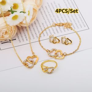 4PCS/SET Double-heart Shaped Jewelry Sets of Ring Earrings Necklace Bracelet Elegance Rhinestone Jewelry Set