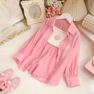 Setelan 3in1 Anak Perempuan Kemeja Tanktop Bunga Pastel