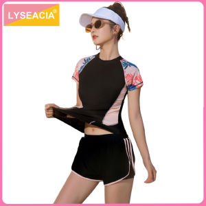 LYSEACIA Stretchy Sports Swimwear Woman 2021 Short Sleeve Womens Two piece Swimsuit Large Size Bathing Suit Female Surf Swim Wear Beachwear