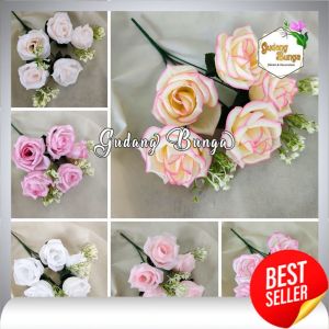 Bunga Mawar Tropis Cabang 5 Bahan Kain Premium Artificial - Rose Kuncup Jepang Imitasi Termurah Perlengkapan Hiasan Dekorasi Pelaminan