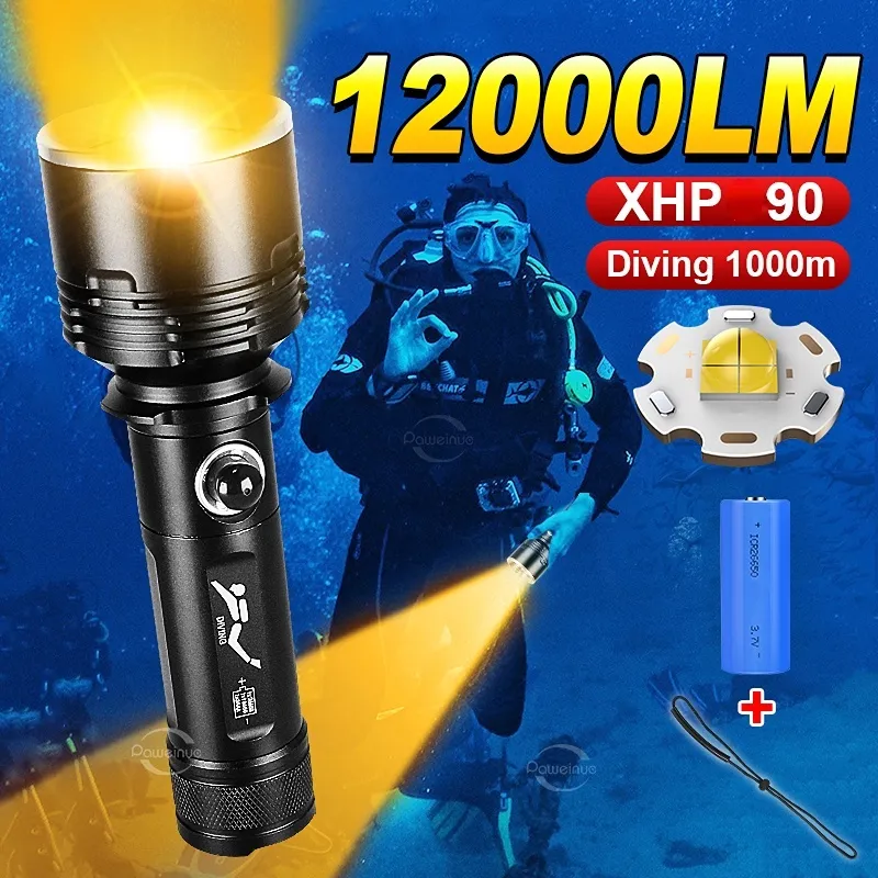 12000LM Diving Flashlight Yellow Light Super Bright XHP90 Dive
